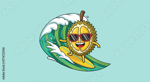 Cartoon Durian Surfing Through a Wave With Sunglasses On a Sunny Day