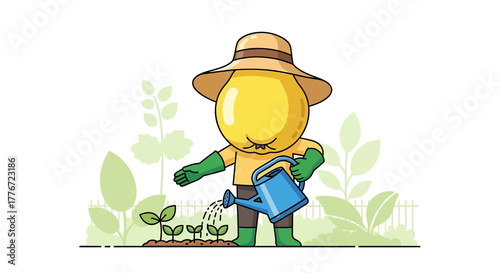 Cartoon Gardener Watering Young Plants In a Beautiful Garden Plot Illustration