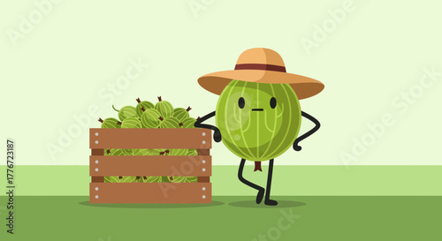 Cartoon Gooseberry With A Hat Leaning On A Wooden Crate And Gooseberries