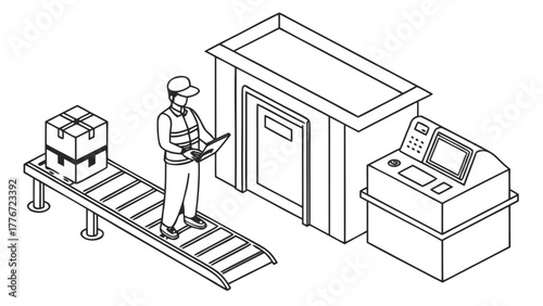 Worker inspecting a package on a conveyor belt near a building and control panel isometric view created with generated ai