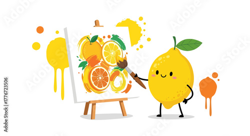Cartoon Lemon Artist Painting Vivid Orange Fruit Composition On A White Canvas