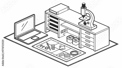 Isometric view of a lab setup with microscope laptop and preparation table with supplies shown created with generated ai