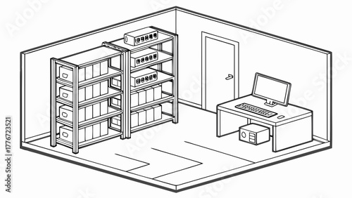 Isometric view of a storage room with shelves boxes computer and desk depicted in black and white line art created with generated ai