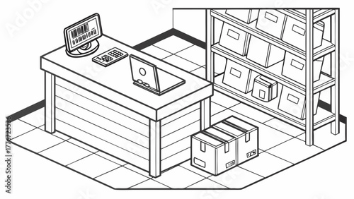 Isometric view of a desk with computer and laptop next to shelving unit filled with boxes and packages created with generated ai