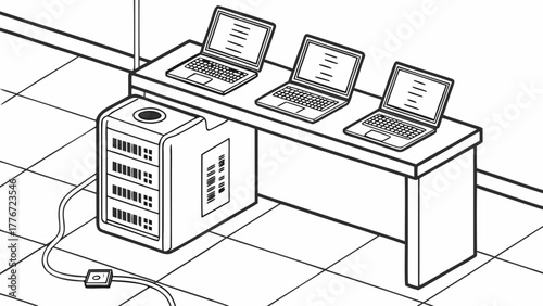Three laptops on a desk next to a server with a power switch on the floor in a tiled room scene created with generated ai