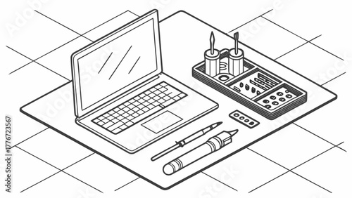 Isometric view of a laptop with pens and a tool organizer on a tiled surface in black and white created with generated ai