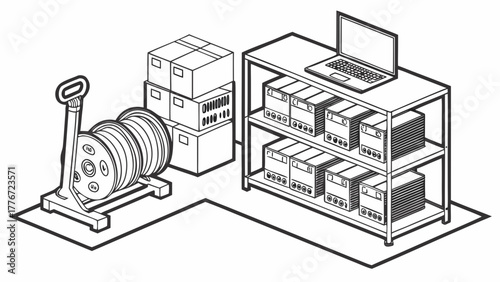 Illustration of a storage room with boxes reel laptop and shelving unit in black and white style created with generated ai