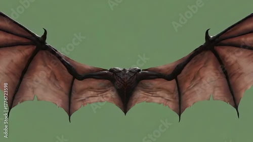 Bat-like wings of a fantasy creature flapping slowly. Isolated on a green screen for visual effects compositing. Lockdown shot.
