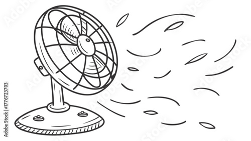 Illustration of a vintage fan blowing air with a circular cage and a sturdy base design in black and white created with generated ai