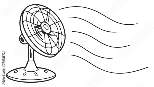 Illustration of a vintage electric fan with visible air movement on a white background drawing style created with generated ai