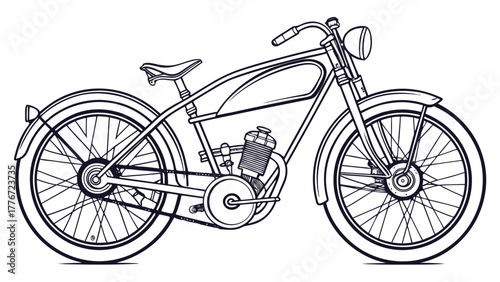 Illustration of a vintage motorcycle with detailed spoke wheels and classic design elements shown in outline created with generated ai