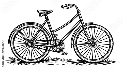 Detailed line drawing of a vintage bicycle with intricate wheel spokes and a classic frame design shown created with generated ai