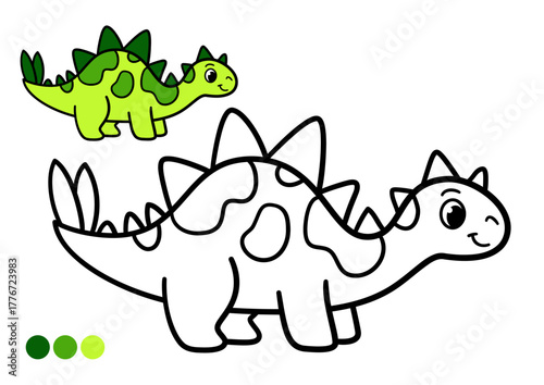 Cute cartoon dinosaur childrens coloring book page with color example. Smiling stegosaurus with plates and tail spikes. Black and white outline drawing for preschool art, games, and creative learning.