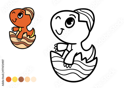 Cute cartoon dinosaur childrens coloring book page with color example. Funny baby dinosaur hatching from an egg. Black and white outline illustration for preschool coloring and learning activities.