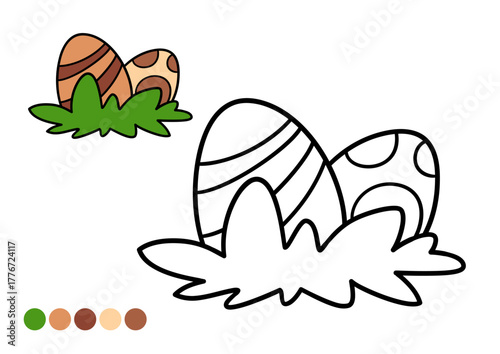 Cute dinosaur childrens coloring book page with color example. Funny dinosaur eggs in grass. Simple black and white outline illustration for preschool coloring and creative learning activities.