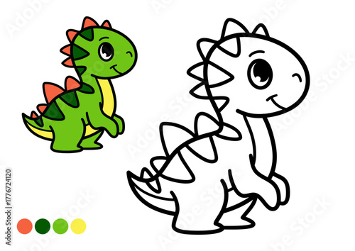 Cute cartoon dinosaur childrens coloring book page. Happy prehistoric animal with spikes on its back. Simple black and white outline illustration with example color reference for kids learning.