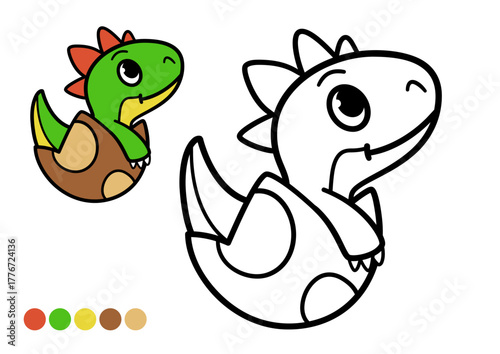 Cute cartoon dinosaur childrens coloring book page. Funny baby dinosaur hatching from egg. Black and white outline illustration with example color reference for childrens drawing.