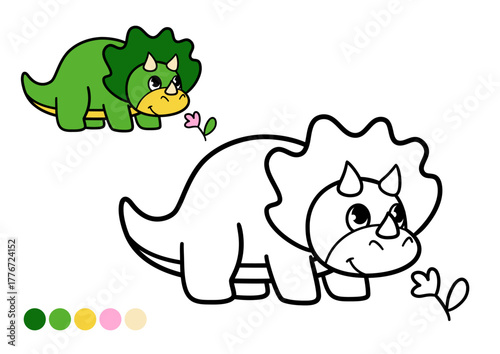 Cute cartoon dinosaur childrens coloring book page. Happy triceratops eating flower. Black and white outline illustration with color example for kids drawing, preschool learning and creative fun.