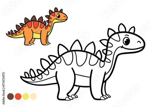 Cute cartoon dinosaur childrens coloring book page. Funny stegosaurus with plates on its back. Black and white outline illustration with example colors for kids art activities and preschool learning.