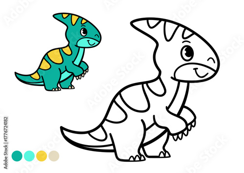 Cute cartoon dinosaur childrens coloring book page. Simple and easy illustration of funny dinosaur with head crest. Black and white outline drawing with color example for preschool art and learning.