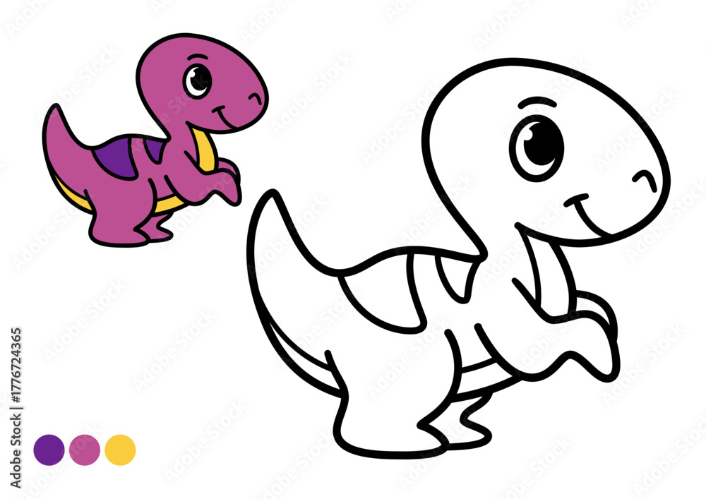 Fototapeta premium Cute cartoon dinosaur childrens coloring book page. Simple and easy outline drawing with color example for preschool learning and creative fun.