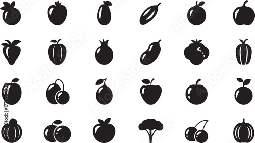 Grid of 24 black fruit and vegetable icons on a white background apple strawberry