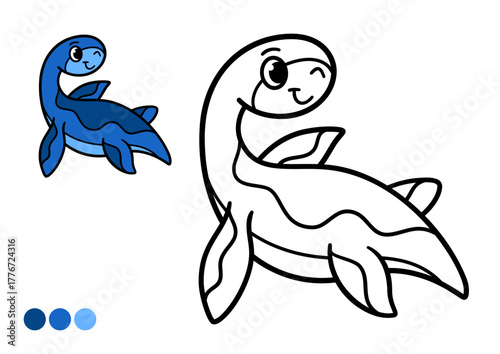 Cute cartoon dinosaur childrens coloring book page. Happy swimming plesiosaurus. Black and white outline illustration with color example for preschool learning and educational fun.