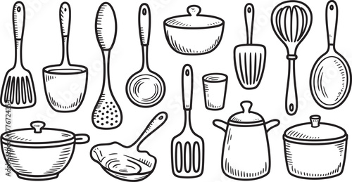 Hand Drawn Kitchen Utensils Collection With Pots And Bowls On White cooking tool