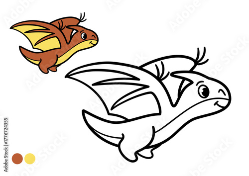 Cute cartoon dinosaur childrens coloring book page. Funny flying pterosaur. Black and white outline illustration with color example for preschool learning and creative fun.