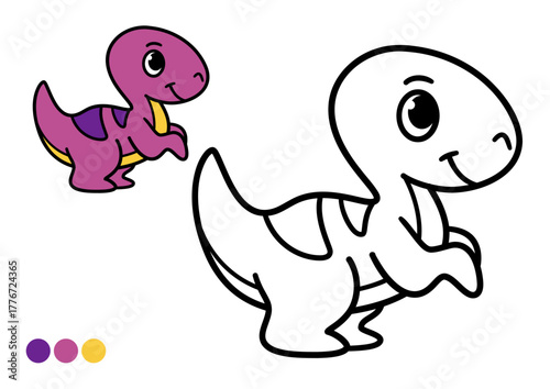 Cute cartoon dinosaur childrens coloring book page. Simple and easy outline drawing with color example for preschool learning and creative fun.