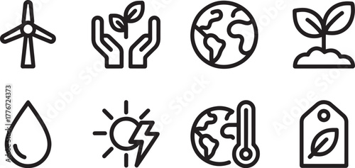 Icons representing environmental sustainability and renewable energy sources ecology