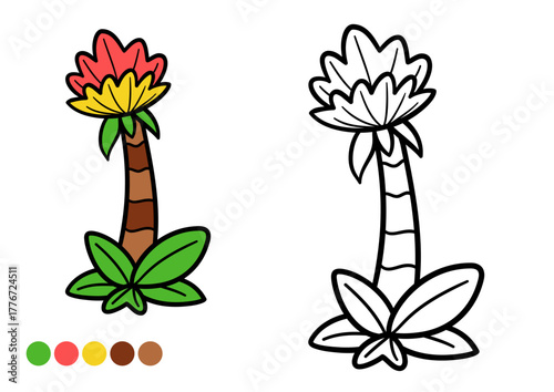 Cute cartoon prehistoric flower tree childrens coloring book page. Fun and simple plant outline for creative learning and imagination.