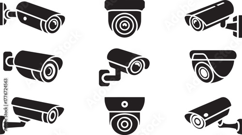 Nine different black security camera icons on a white background surveillance camera cctv