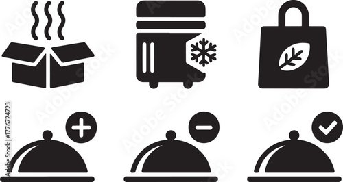 Set of six black icons for food delivery and service on white background vector illustration