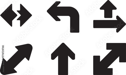 Six black arrow icons showing different directions and movements on white left right