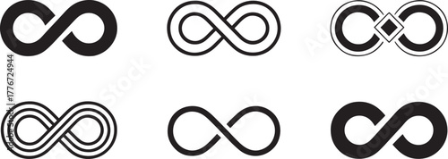 Six black infinity symbol variations on white background endless eternal