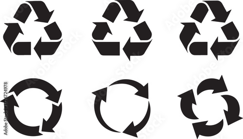 Six different black recycling symbol icons on a white background recycle reuse