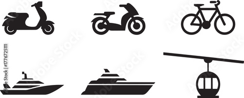 Transportation Icons Featuring Scooter Bicycle Yacht and Cable Car moped motorcycle