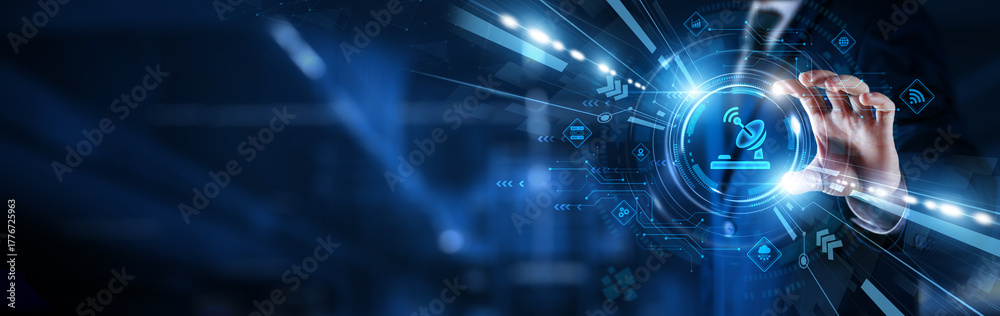 Fototapeta premium Businessman hand hold telecommunications network. Connectivity and global communication technology. 5G, data transfer, infrastructure, internet, mobile, and digital transformation.