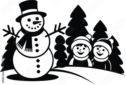 Charming winter scene with happy children and snowman ready for festive holiday projects and designs to bring joy to your audience this season