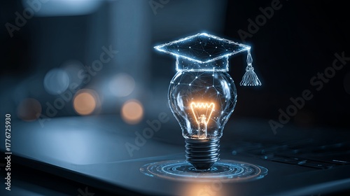 Digital Education Concept with Innovative Light Bulb, Graduation Cap, and Symbols on Touchscreen Interface for Modern Learning and Knowledge Sharing