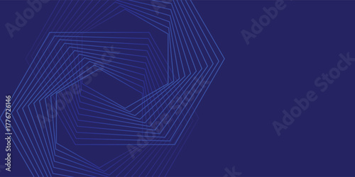 Dark Navy Background with Minimalist Blue Hexagonal Graphic, Modern Abstract Hexagon Pattern on Deep Blue.