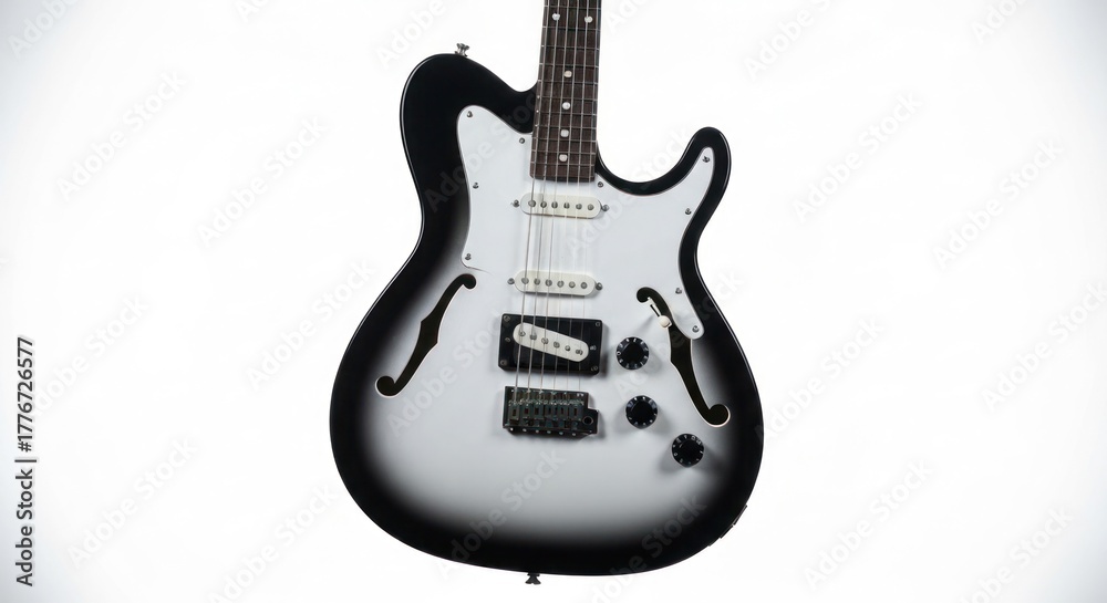 Naklejka premium Electric guitar, black faded edge, white pick guard, on stark white background