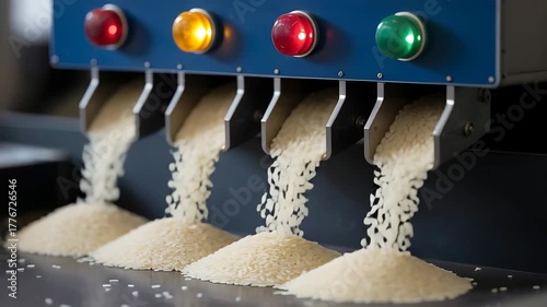 Industrial machine sorting rice grains with red and green indicator lights image photo