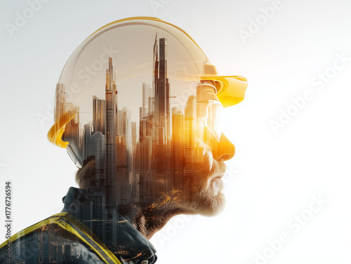 Double exposure of a construction worker wearing a hard hat with a city skyline inside the helmet
