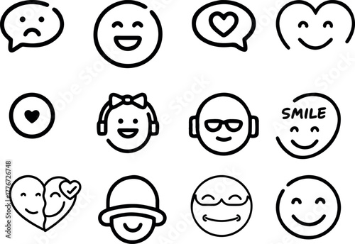 A charming collection of twelve handdrawn emoticon icons, each expressing a unique emotion with simple yet expressive lines, from joy to love, these minimalist designs capture the essence of human fee
