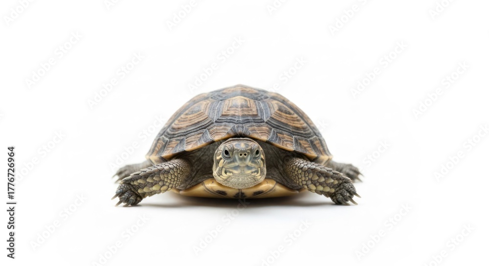 Obraz premium Front view of a brown tortoise with patterned shell against a white background