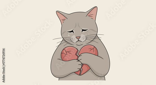Crying Grey Cat Hugging a Broken Heart - Symbol of Sadness, Grief, and Heartbreak