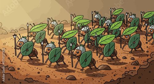 Ant Soldier Army Marching with Leaf Shields and Spears - Insect War Illustration