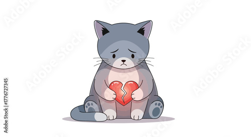 Cute Sad Gray Cat Holding a Broken Heart Symbol - Heartbreak Concept
